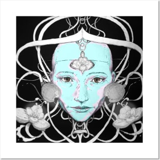 Wise cyber robot girl with blue skin entwined with mystical flowers and wires Posters and Art